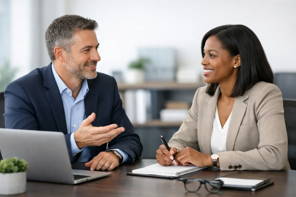 Two people chatting at a desk